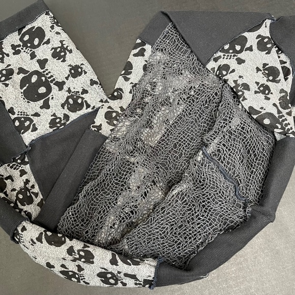 Upcycled Patchwork Infinity Scarf Black Skull Gray Fishnet Mens Goth Apocalypse - Picture 6 of 16